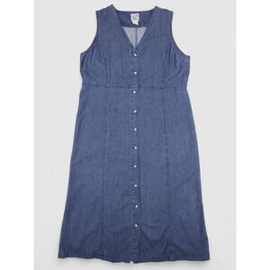 VTG Travelsmith Denim Maxi Dress Womens 16 Blue Dark Wash Button Up Sleeveless